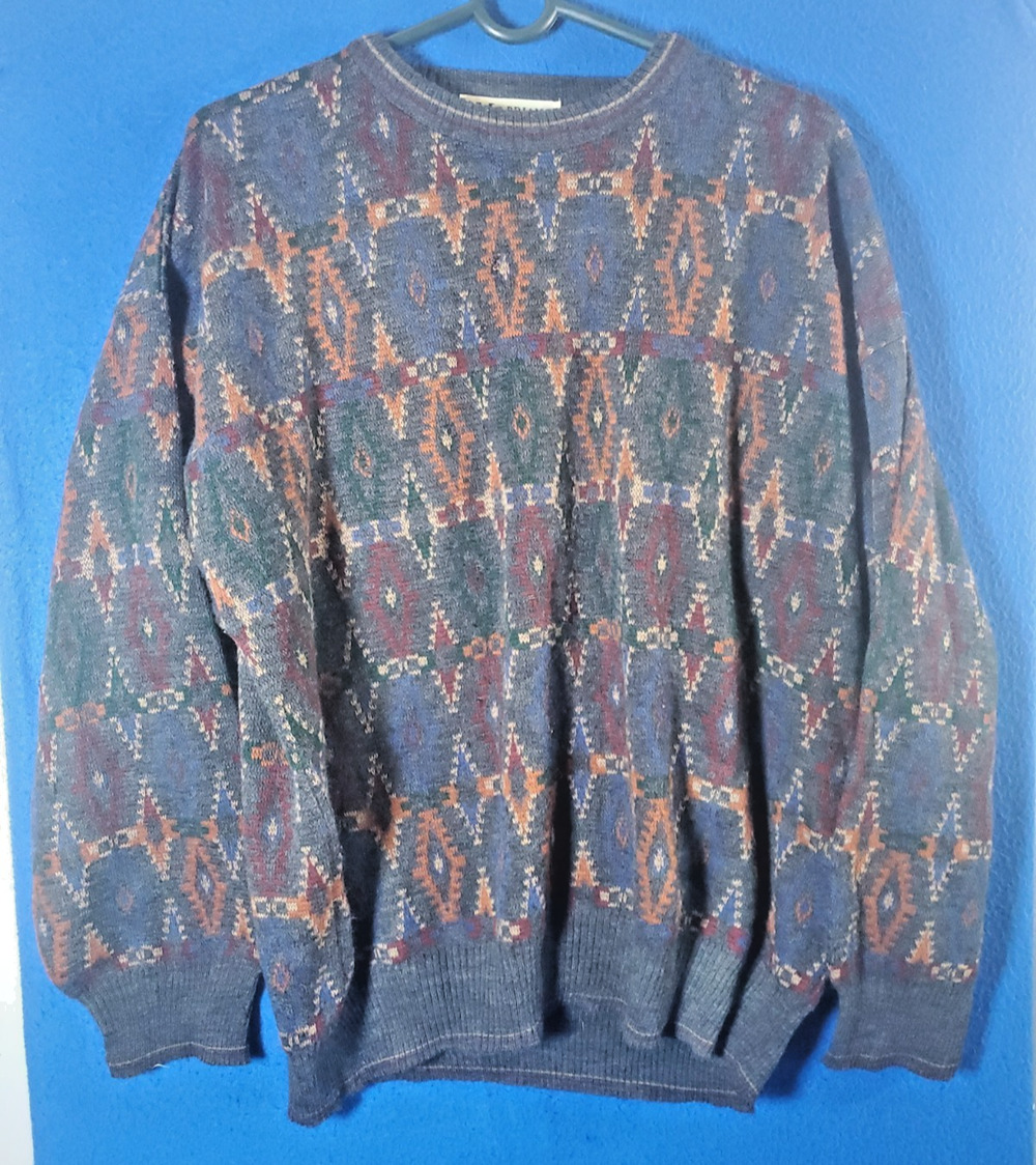 Vtg 80s Brian MacNeil Sweater Mens L Geometric Made in Italy Knit Grandpa Cosby